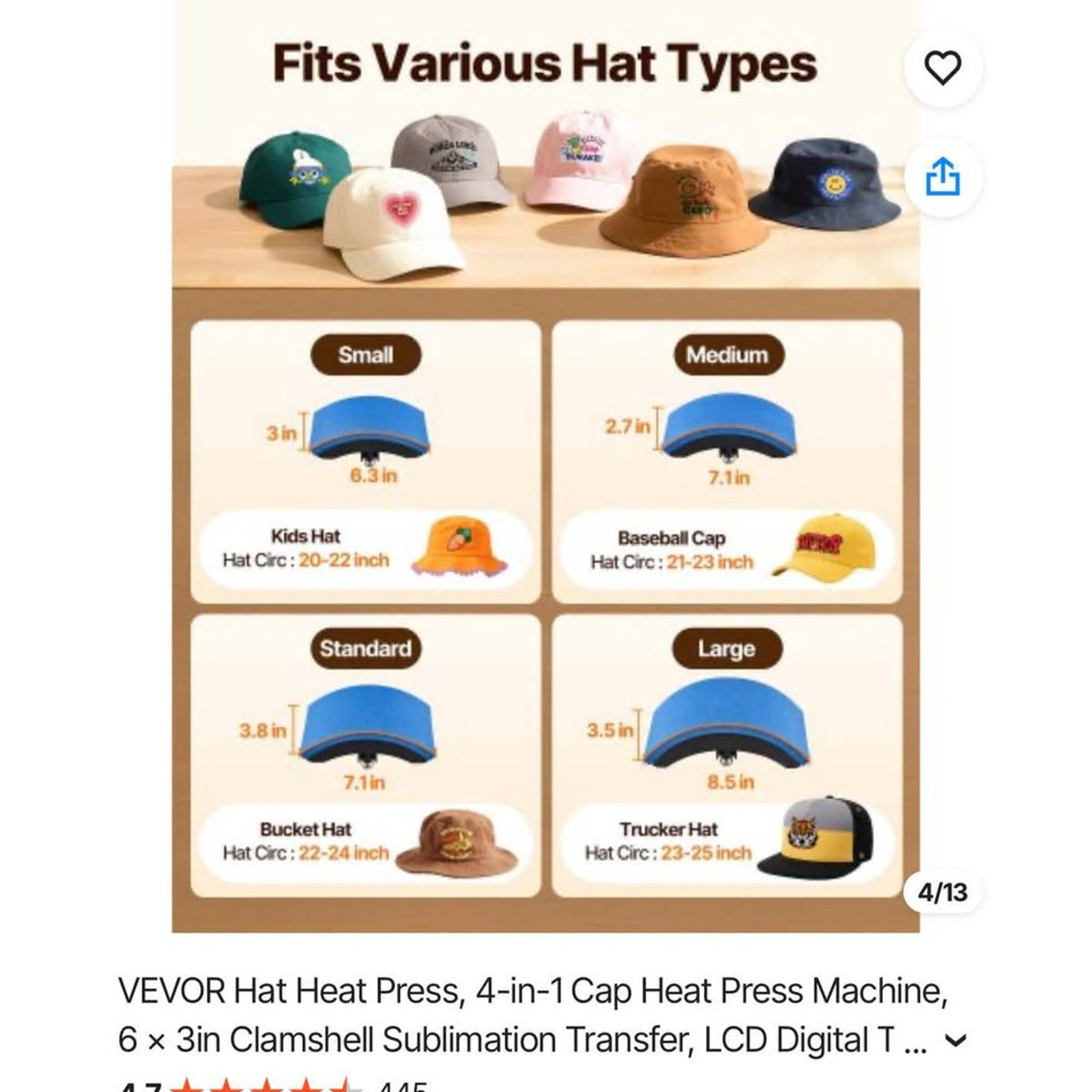 VEVOR Hat Heat Press, 4-in-1 Cap Heat Press Machine