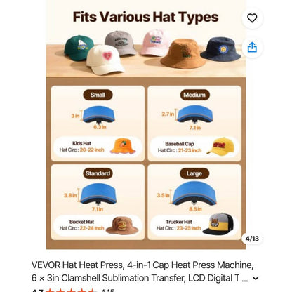 VEVOR Hat Heat Press, 4-in-1 Cap Heat Press Machine