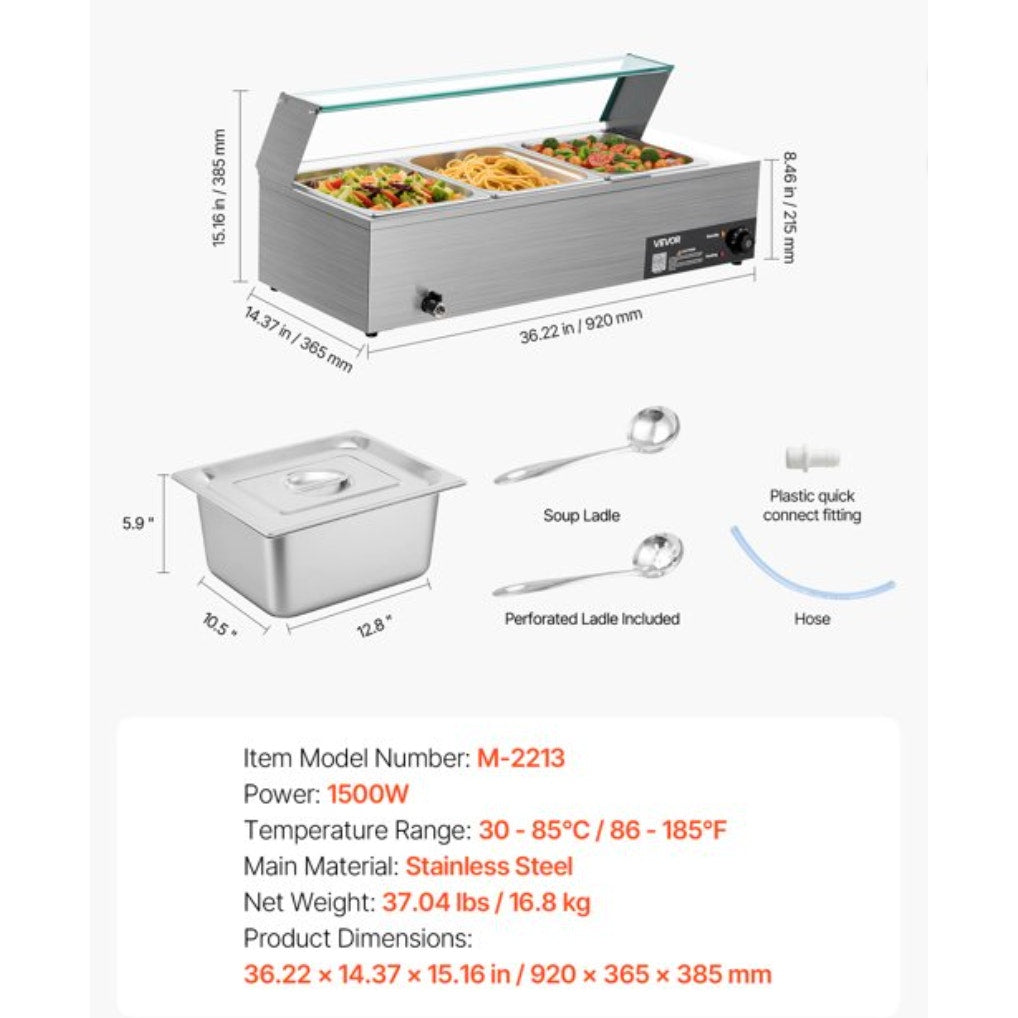 VEVOR 3-Pan Commercial Food Warmer – 17.4 Quart, 1200W