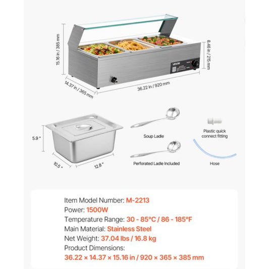 VEVOR 3-Pan Commercial Food Warmer – 17.4 Quart, 1200W
