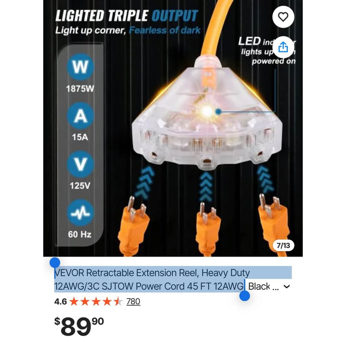 VEVOR Retractable Extension Reel, Heavy Duty 12AWG/3C SJTOW Power Cord 45 FT