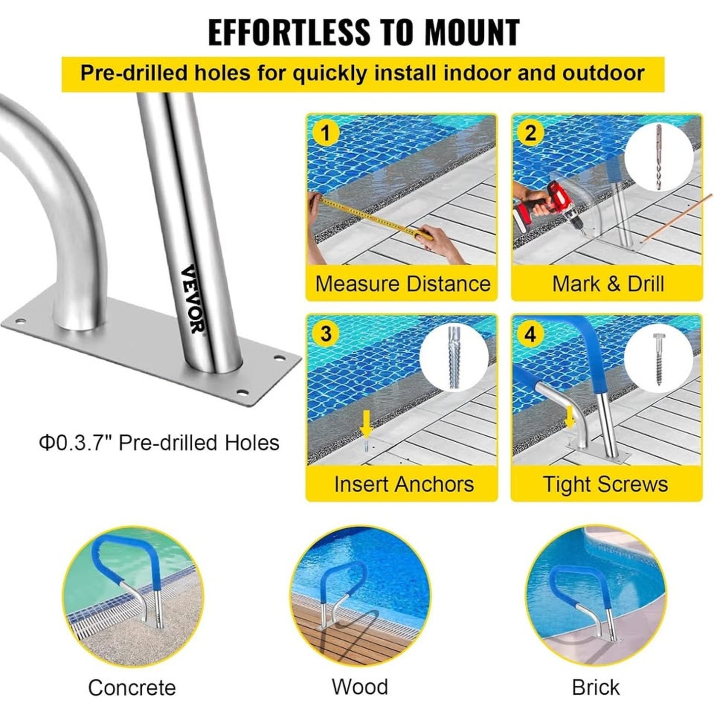 VEVOR YC‑3022 30″×22″ Stainless Steel Pool Handrail w/ Blue Nylon Grip (Complete Kit)