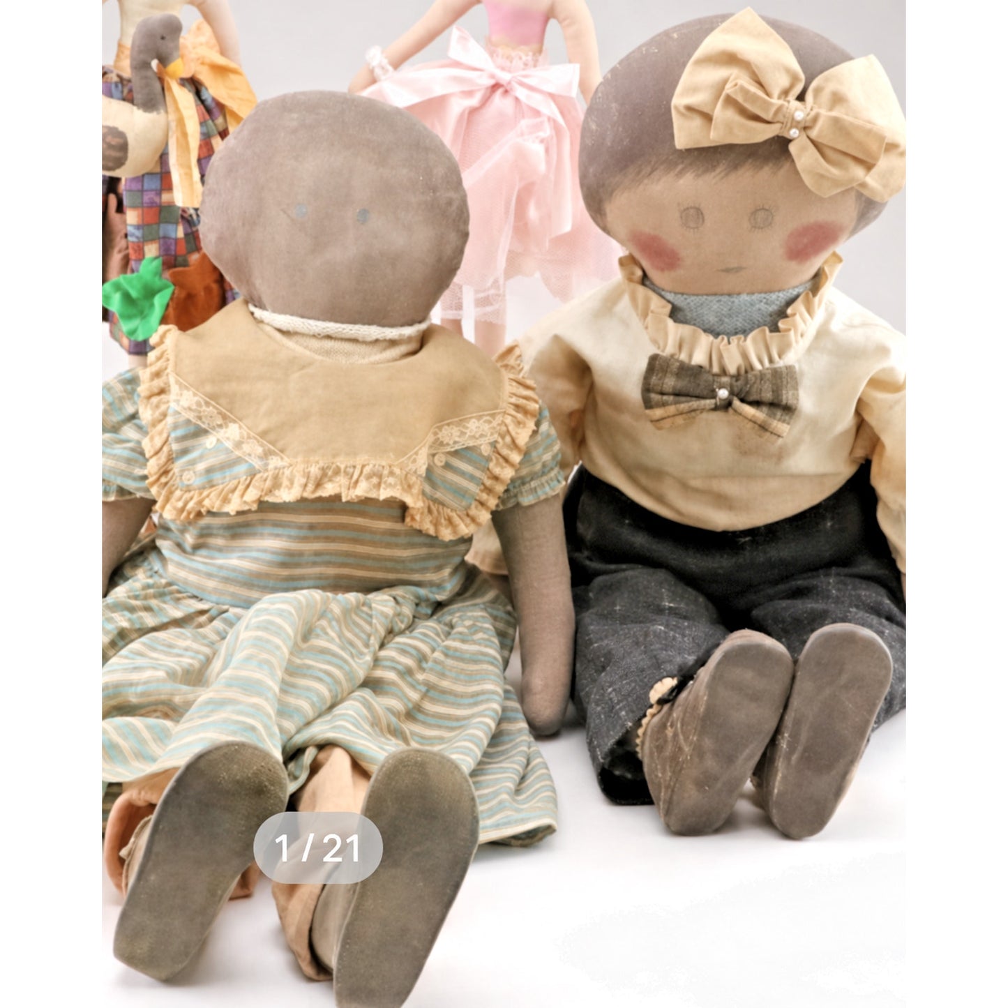 Vintage Handmade Primitive Folk Art Cloth Doll Pair – Boy & Girl – 30” – Signed