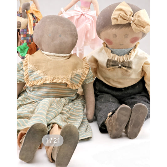 Vintage Handmade Primitive Folk Art Cloth Doll Pair – Boy & Girl – 30” – Signed