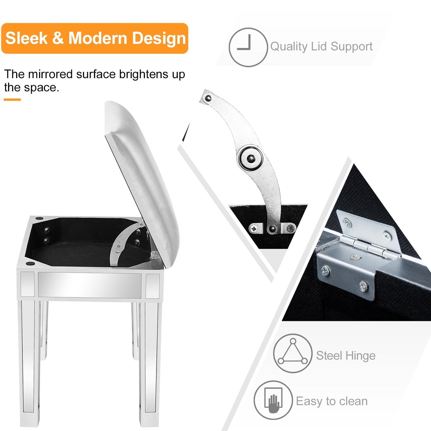 Elegant Mirrored Vanity Stool with Hidden Storage, Brand New