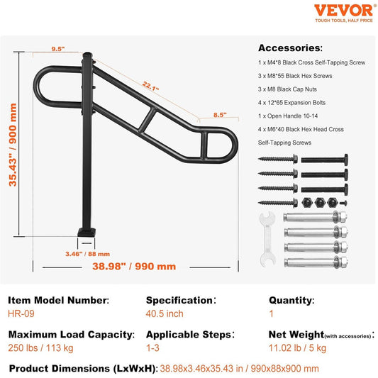 New Single Post Handrail for 1–3 Steps Floor Mounted Black