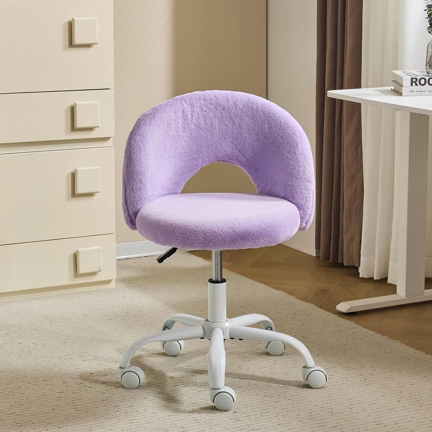 Purple Furry Vanity Chair — Adjustable, Armless, 360° Swivel & Wheels- Brand New