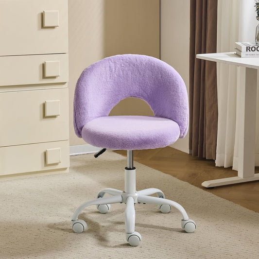 Purple Furry Vanity Chair — Adjustable, Armless, 360° Swivel & Wheels- Brand New