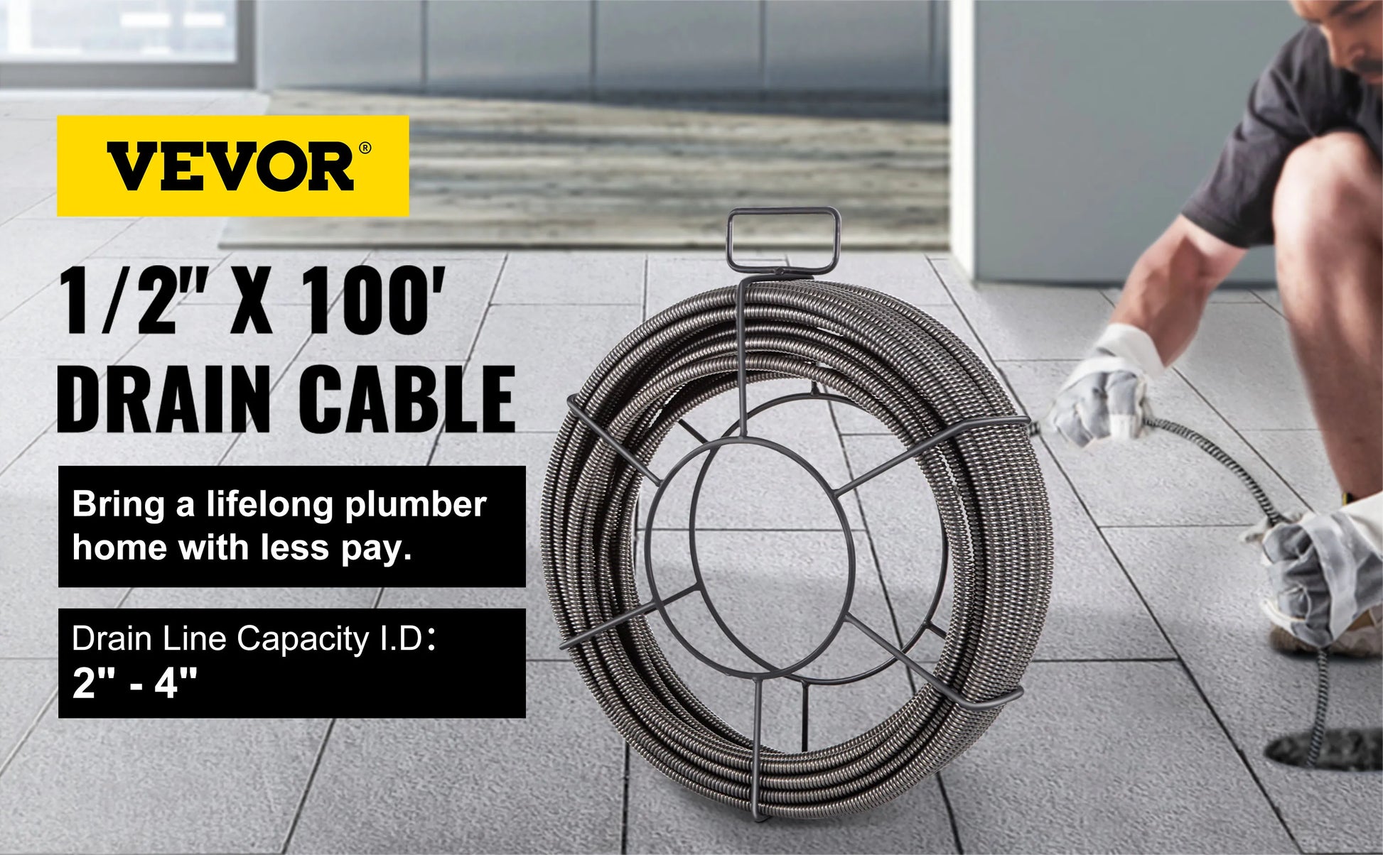 VEVOR Drain Cleaning Cable 100ft x 1/2in Solid Core Sewer Auger