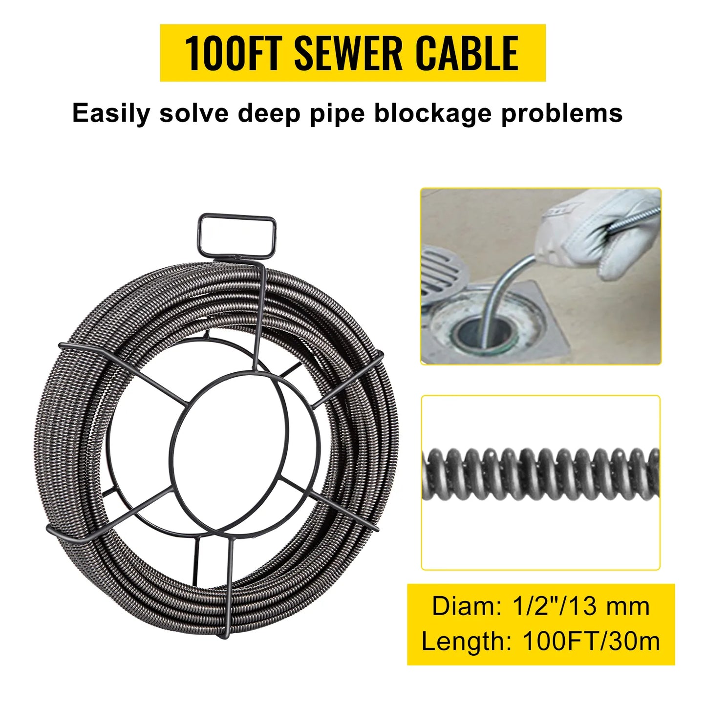 VEVOR Drain Cleaning Cable 100ft x 1/2in Solid Core Sewer Auger