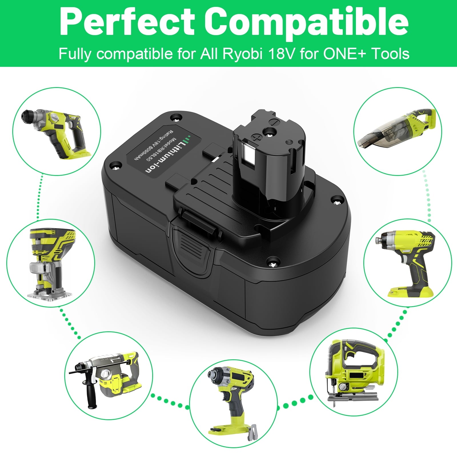 Powerful 18V 8000mAh Li-ion Battery for Ryobi ONE+ Cordless Power Tools