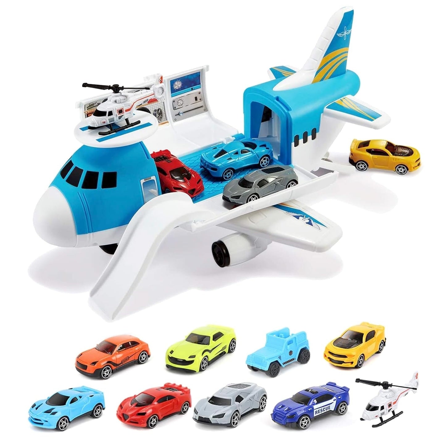 Kids Cargo Plane Transport Toy Set with Cars and Helicopter