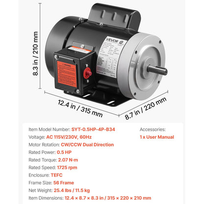 VEVOR 1/2 HP Electric Motor 1725 RPM 115/230V Single Phase 56 Frame