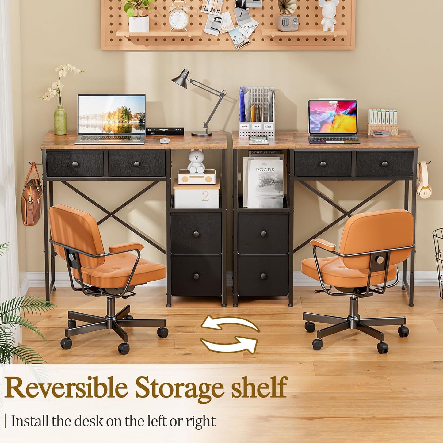 Fabric Drawer Computer Desk – Black, Compact Writing Desk with 4 Storage Drawers