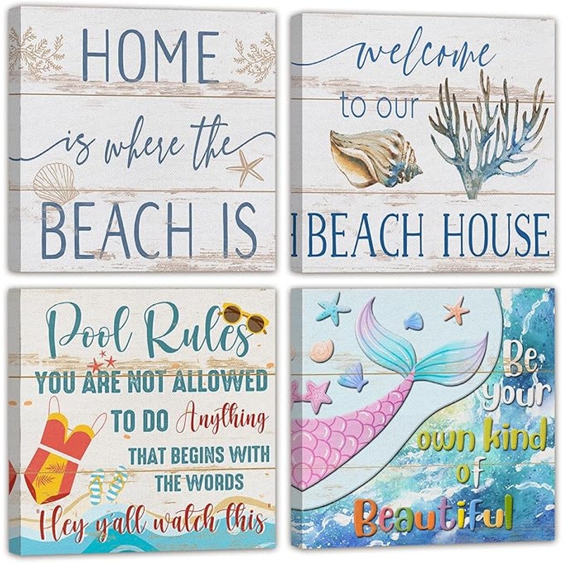 4-Pack 16x16 Coastal Canvas Wall Art – Beach & Pool House Decor