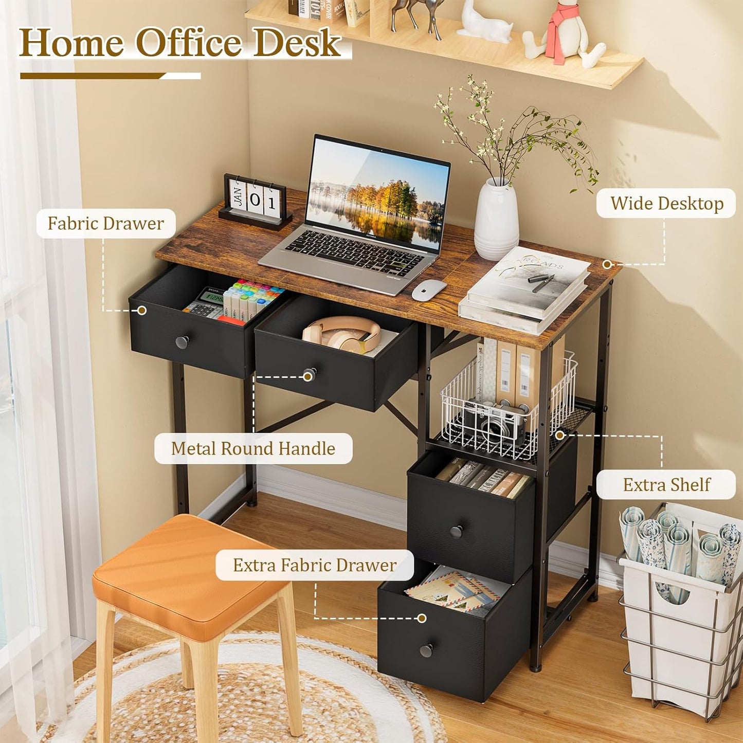 Fabric Drawer Computer Desk – Black, Compact Writing Desk with 4 Storage Drawers
