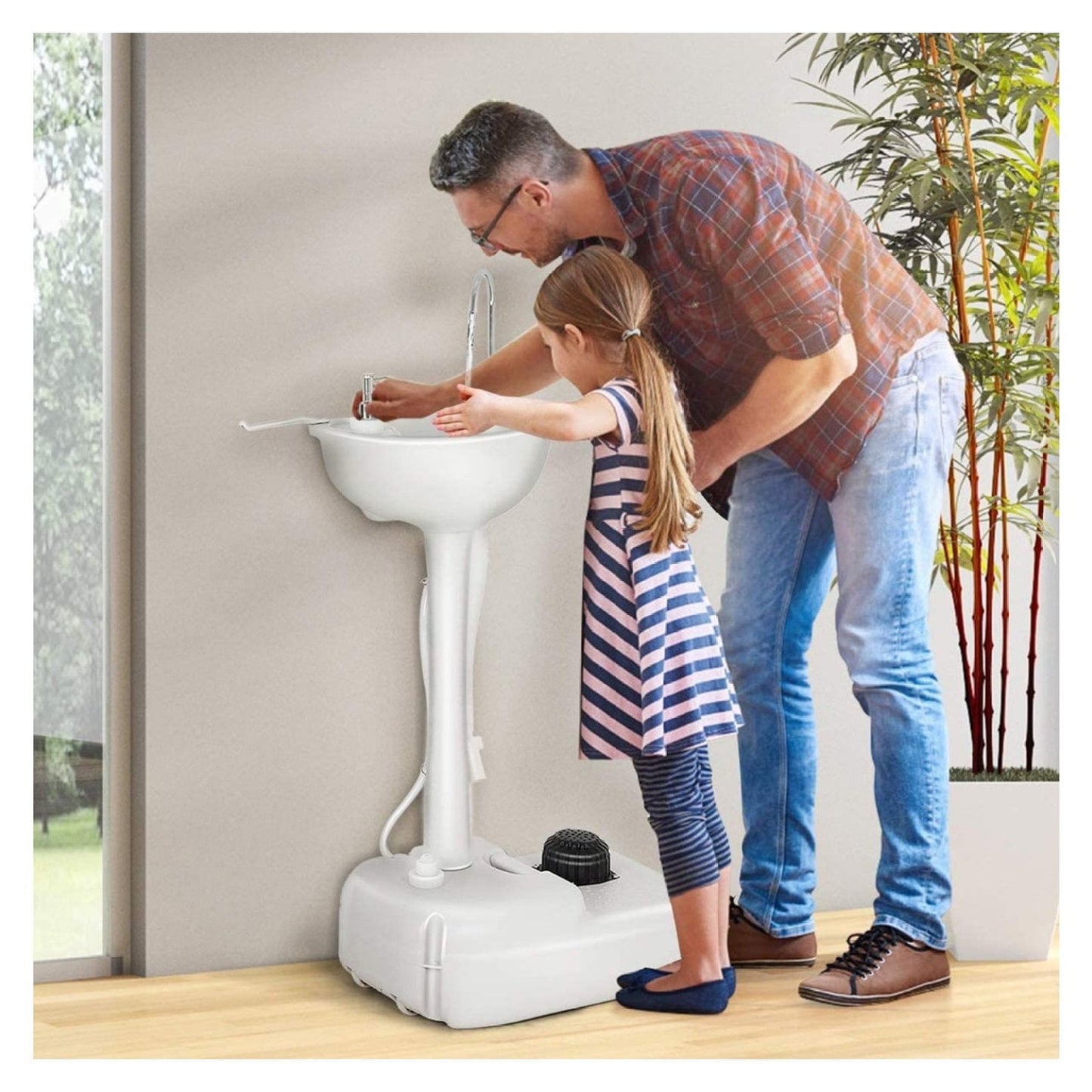 Portable Hands-Free Foot Pump Sink, 4.5 Gallon Fresh Water, Rolling Wash Station
