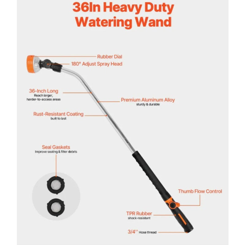 36” Heavy-Duty Garden Hose Watering Wand with 8-Pattern Sprayer & Swivel Head
