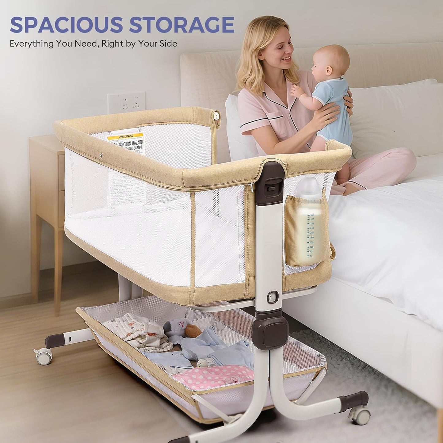 Adjustable Bedside Baby Bassinet Sleeper w/ Mesh Sides, Tilt Mode & Storage
