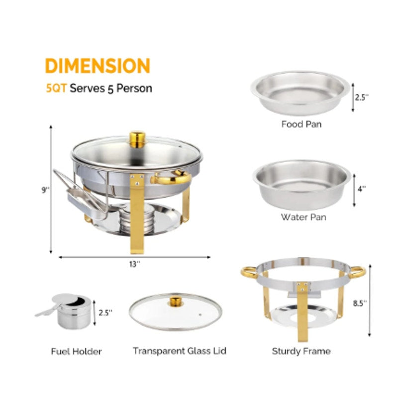4-Pack 5 QT Round Chafing Dish Buffet Set (Gold Accent)- Brand New