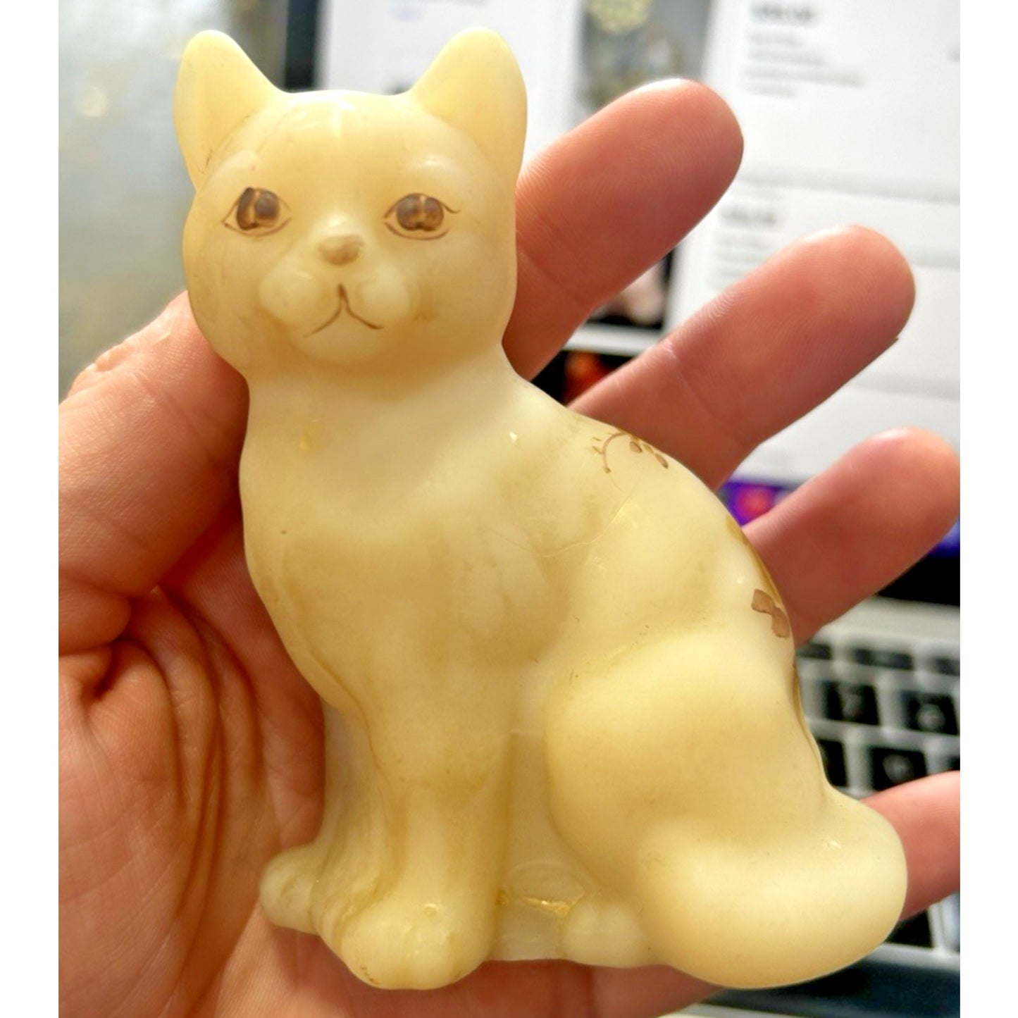 Fenton Art Glass Sitting Cat Roses on Custard Satin Hand Painted & Signed 4"