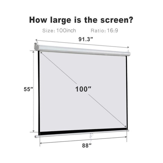 100" Manual Pull Down Projector Screen 16:9 HD Wall/Ceiling Mount