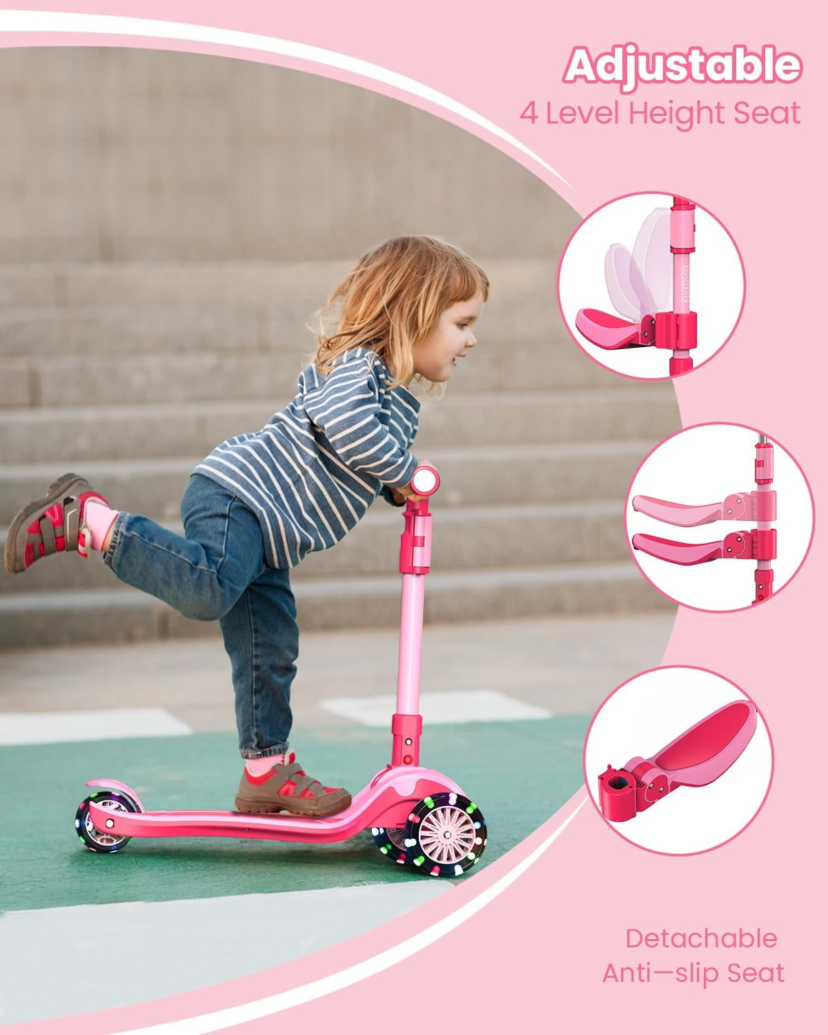 KIDSCOTER 2-in-1 Adjustable Kids Kick Scooter: Removable Seat, LED Light-Up Wheels