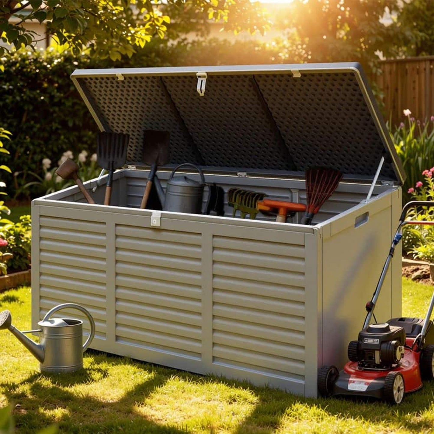 130-Gallon Outdoor Resin Deck Box with Hydraulic Lid and Steel Reinforcement