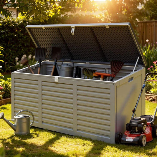 130-Gallon Outdoor Resin Deck Box with Hydraulic Lid and Steel Reinforcement