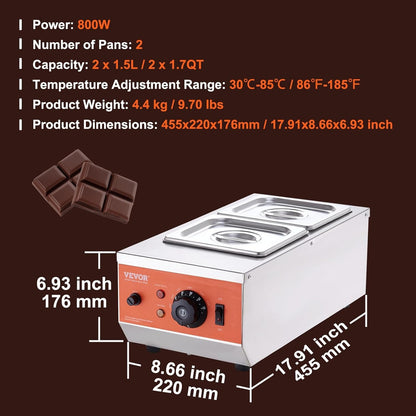 Commercial Chocolate Tempering Machine 2 Tank 1500W Stainless Steel
