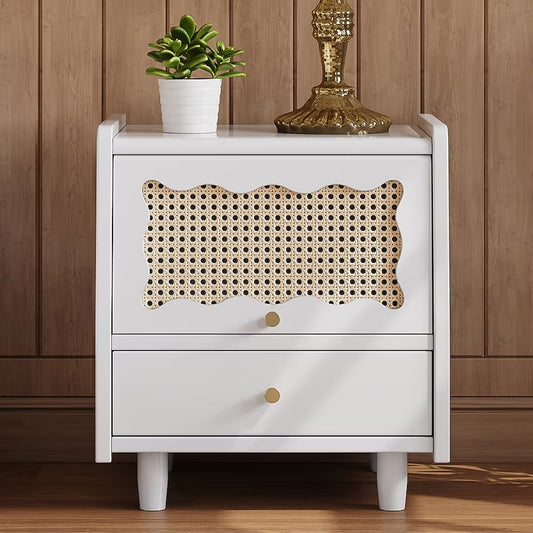 Modern White Wooden Nightstand with Rattan Door & Drawer- New in box