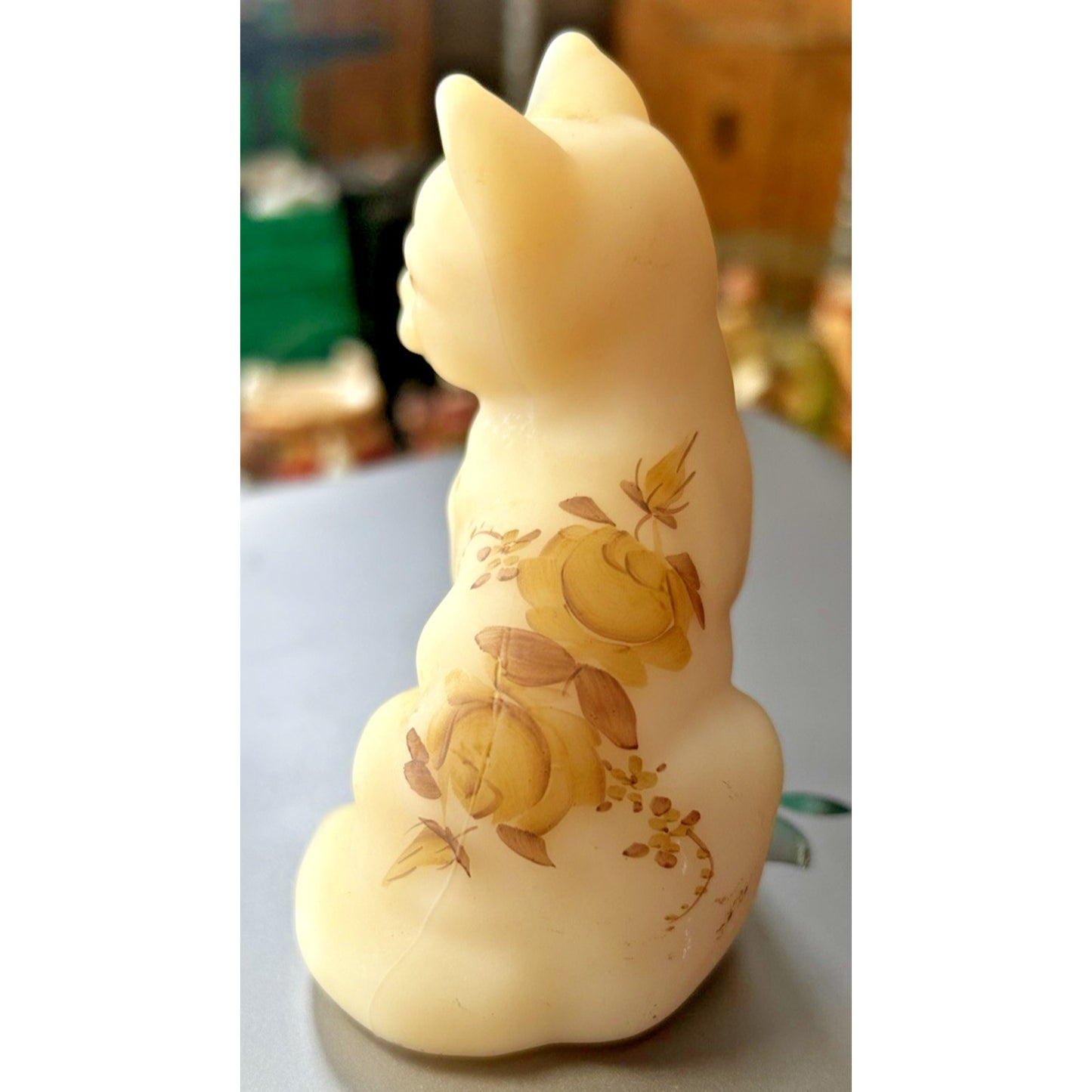 Fenton Art Glass Sitting Cat Roses on Custard Satin Hand Painted & Signed 4"