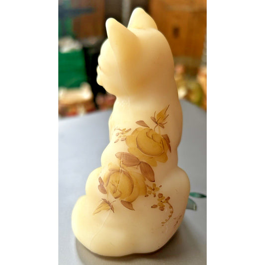 Fenton Art Glass Sitting Cat Roses on Custard Satin Hand Painted & Signed 4"