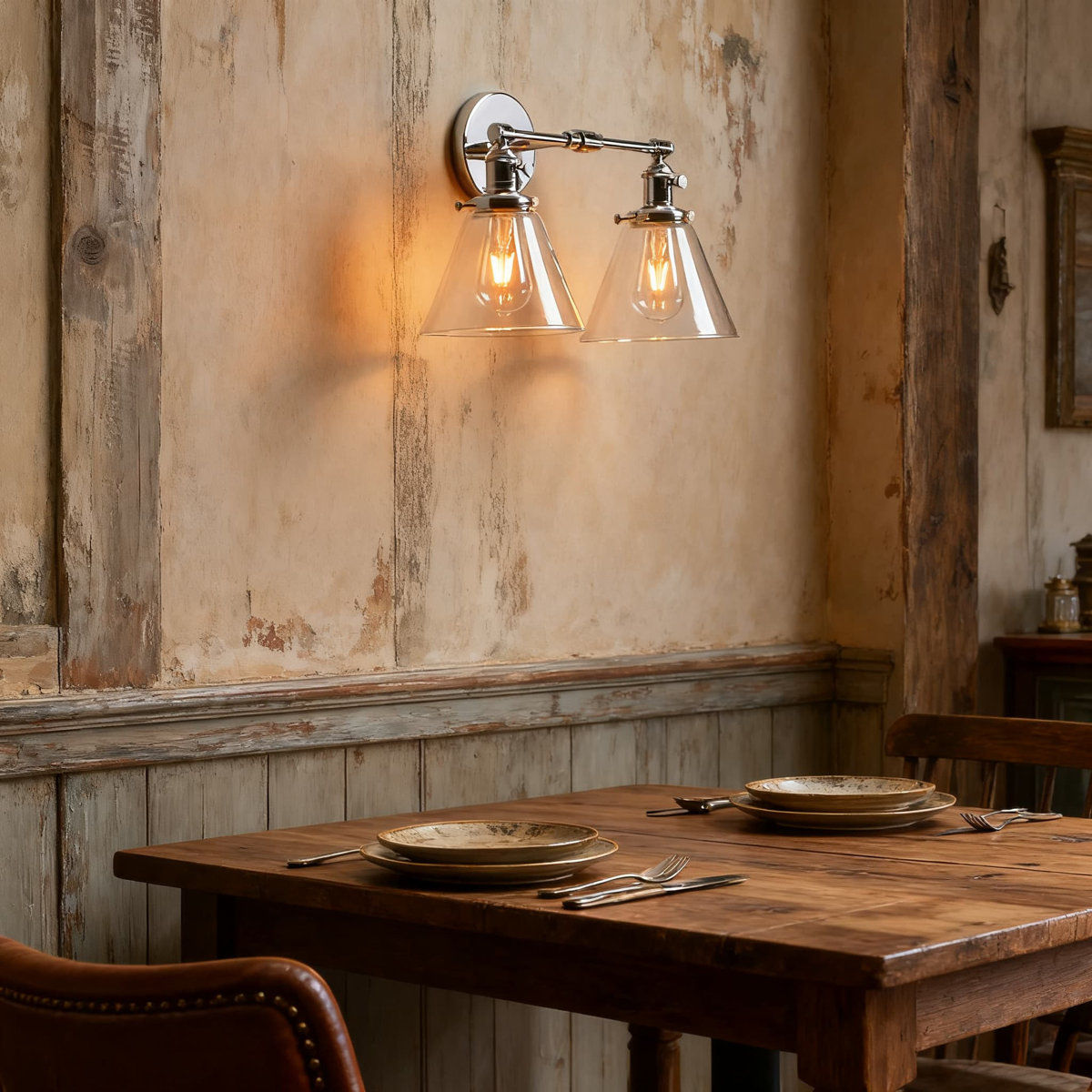 Industrial Wall Sconce with Dual Glass Lampshades, 2-Light Hardwired Fixture for Indoor Lighting, E26 Socket Compatible with LED and Bulbs
