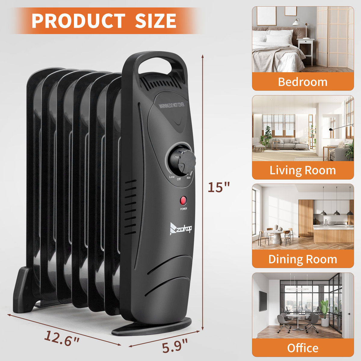 600-Watt Black Indoor Electric Oil-Filled Radiator Space Heater