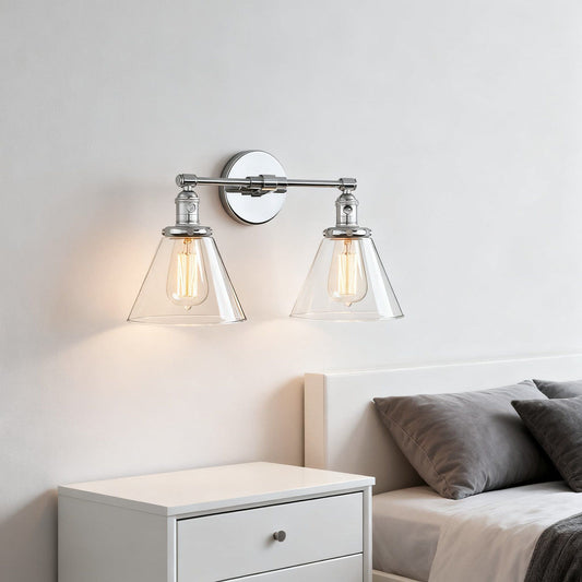 Industrial Wall Sconce with Dual Glass Lampshades, 2-Light Hardwired Fixture for Indoor Lighting, E26 Socket Compatible with LED and Bulbs