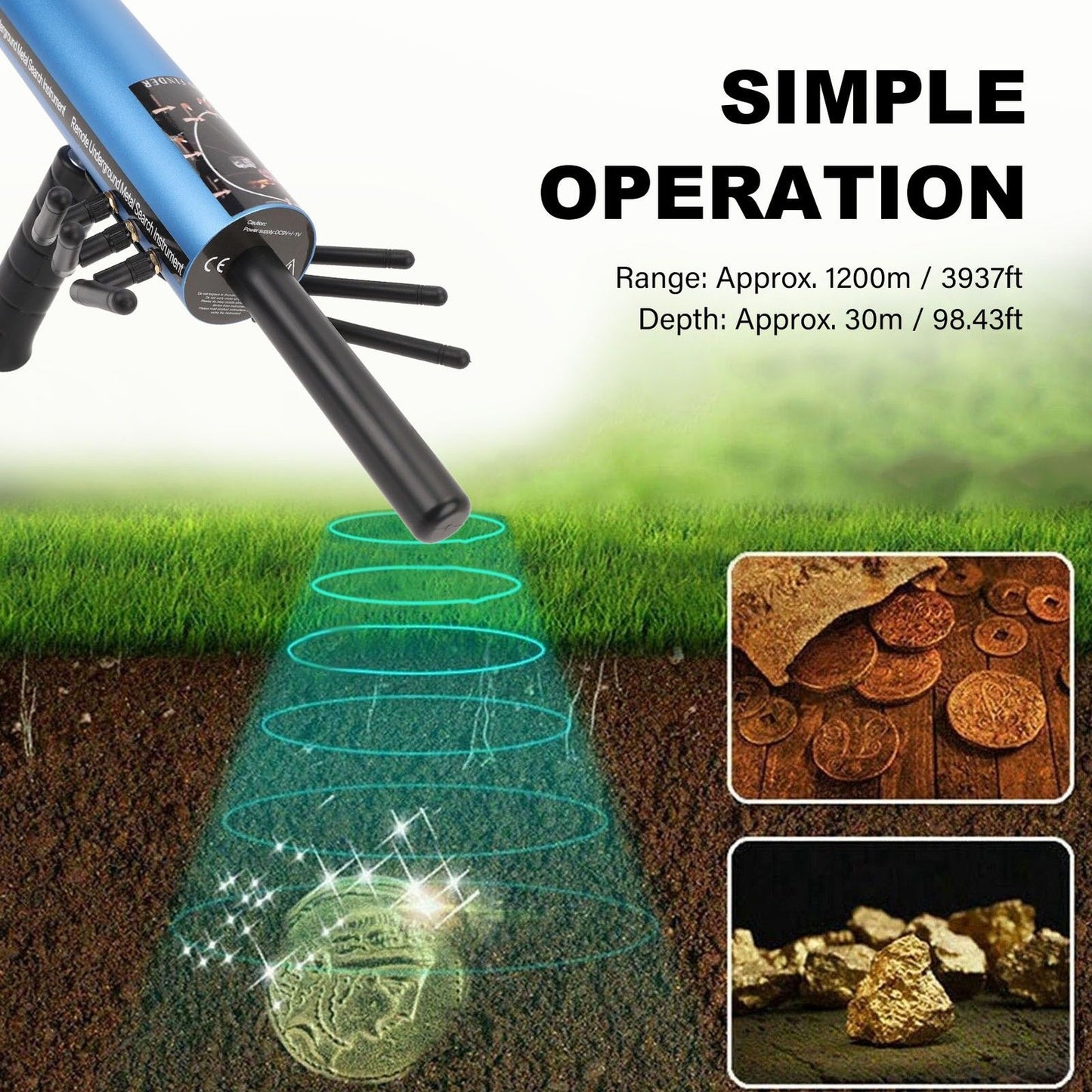 Handheld Metal Detector 30m Depth 1200m Range Gold Silver Detection