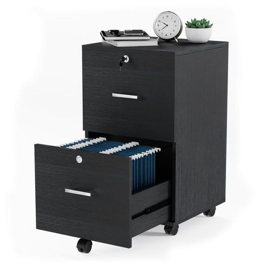 2-Drawer Rolling Wood File Cabinet with Lock Black
