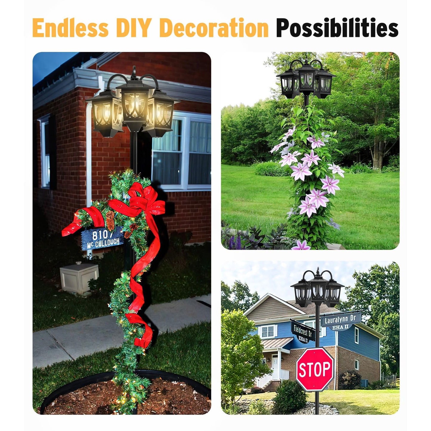 73" Solar Lamp Post Light 3-Head 60Lm 3000K Outdoor Waterproof for Garden, Lawn, Yard