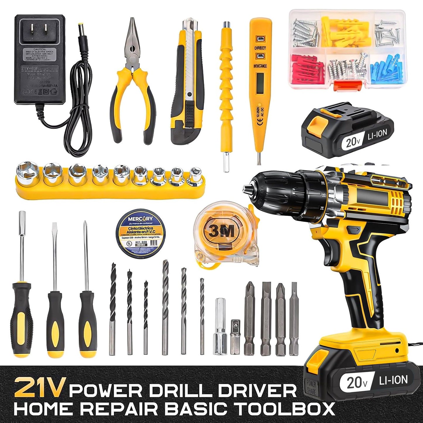 Shinylink 21V Cordless Brushless Drill Set 2 Batteries Yellow