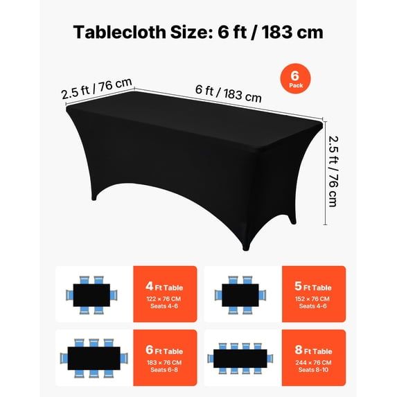 6 Pack Fitted Spandex Tablecloth for 6FT Rectangular Tables Black