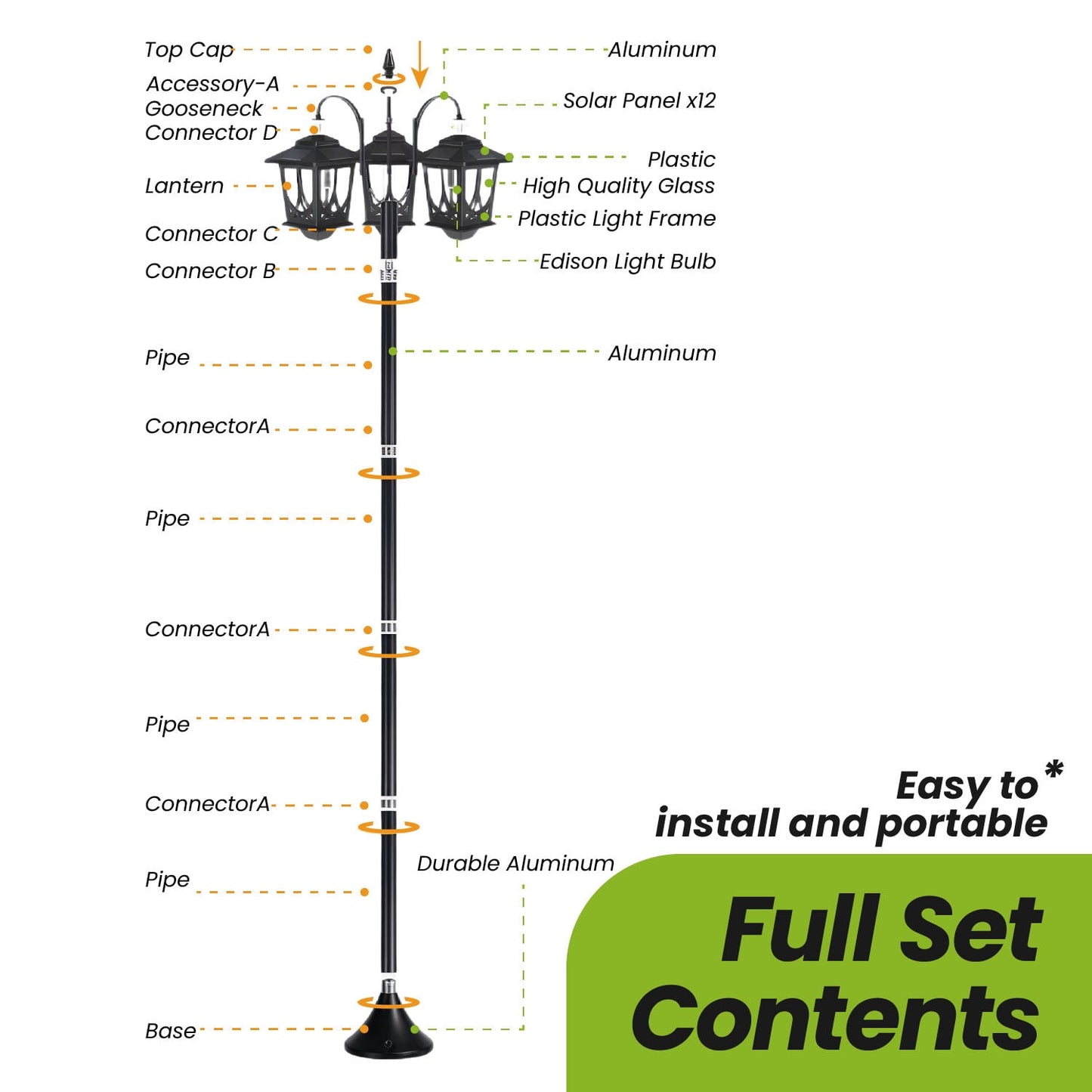 73" Solar Lamp Post Light 3-Head 60Lm 3000K Outdoor Waterproof for Garden, Lawn, Yard