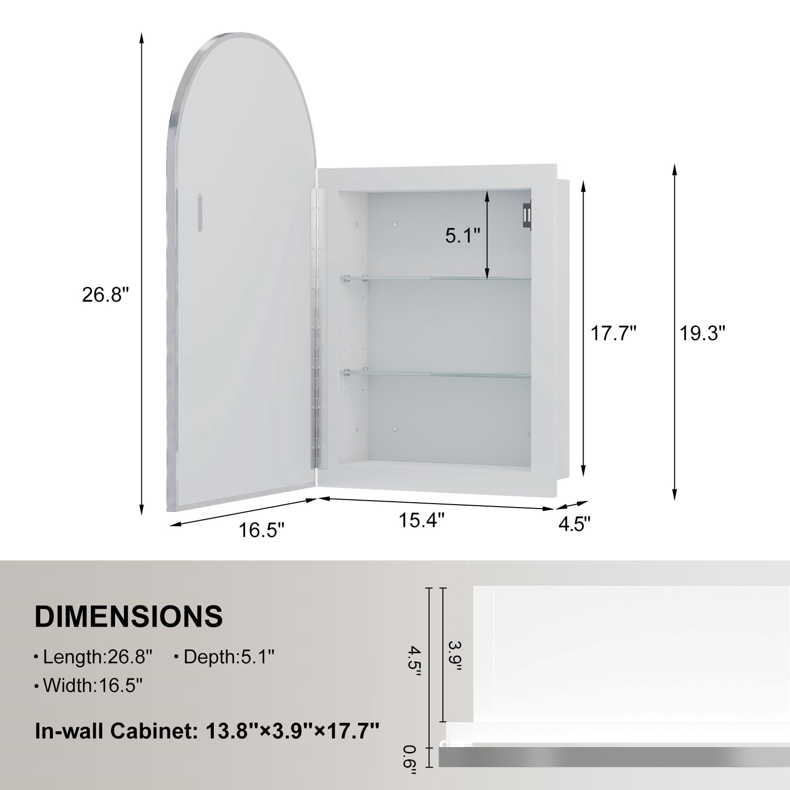 Recessed Metal Framed Arched Medicine Cabinet 17x27 In with 2 Shelves