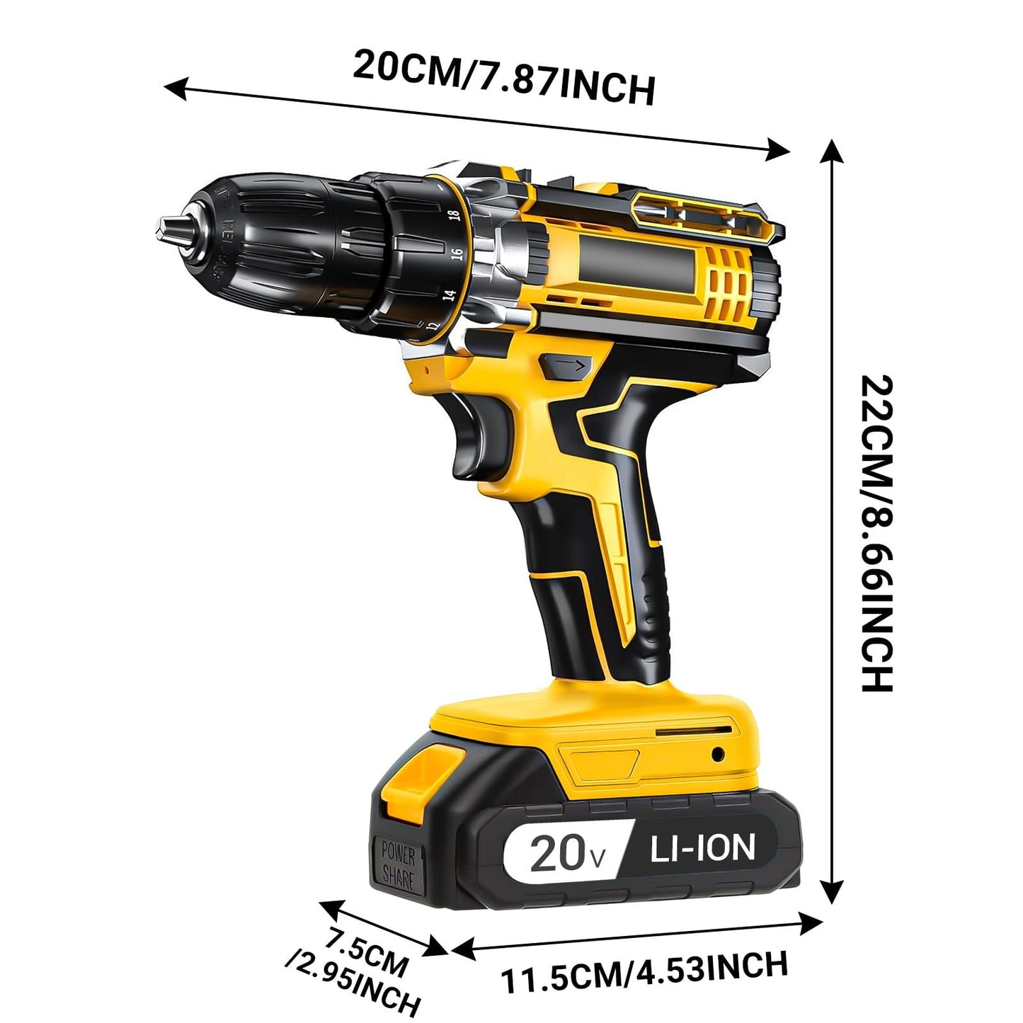 Shinylink 21V Cordless Brushless Drill Set 2 Batteries Yellow