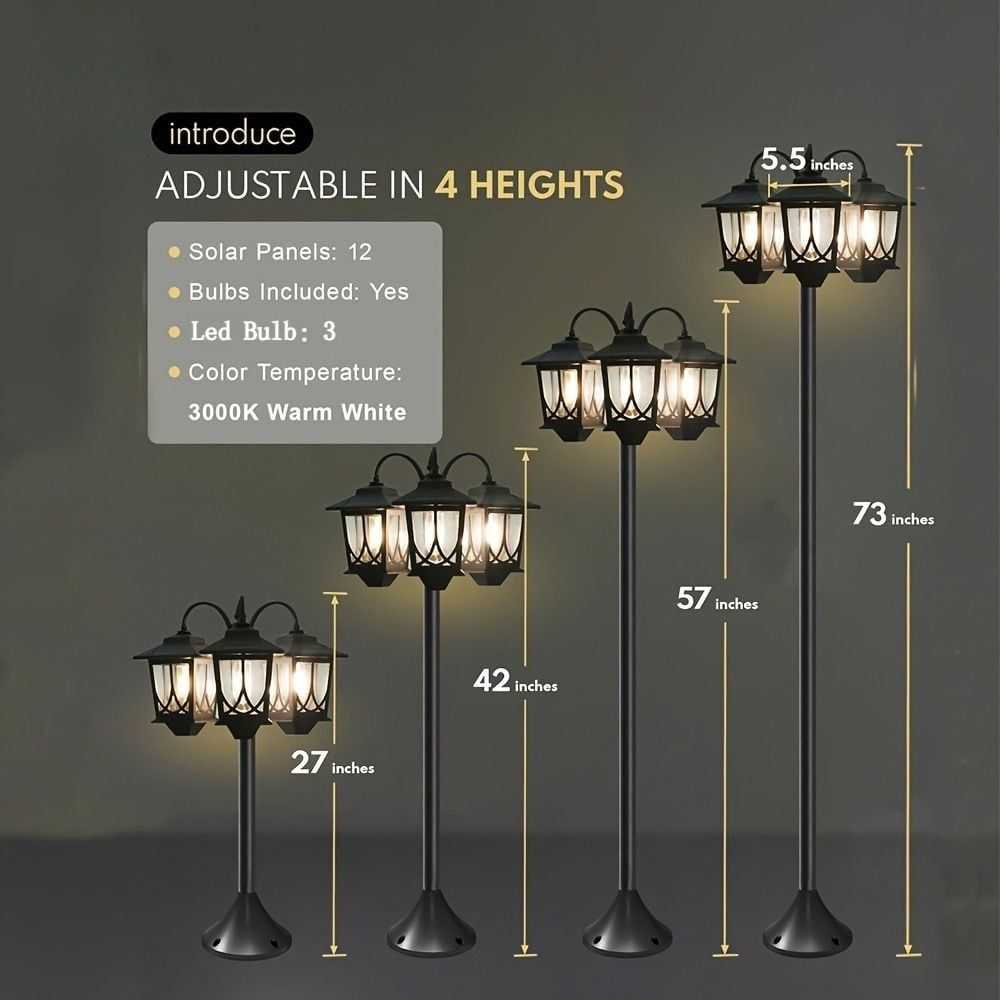 73" Solar Lamp Post Light 3-Head 60Lm 3000K Outdoor Waterproof for Garden, Lawn, Yard