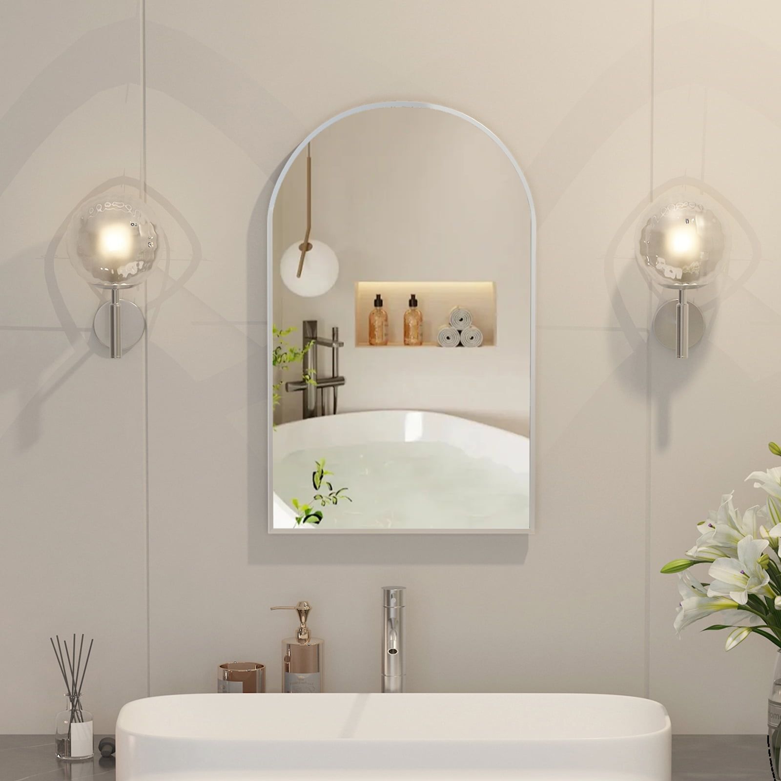Recessed Metal Framed Arched Medicine Cabinet 17x27 In with 2 Shelves