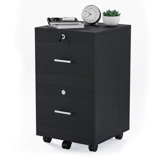 2-Drawer Rolling Wood File Cabinet with Lock Black