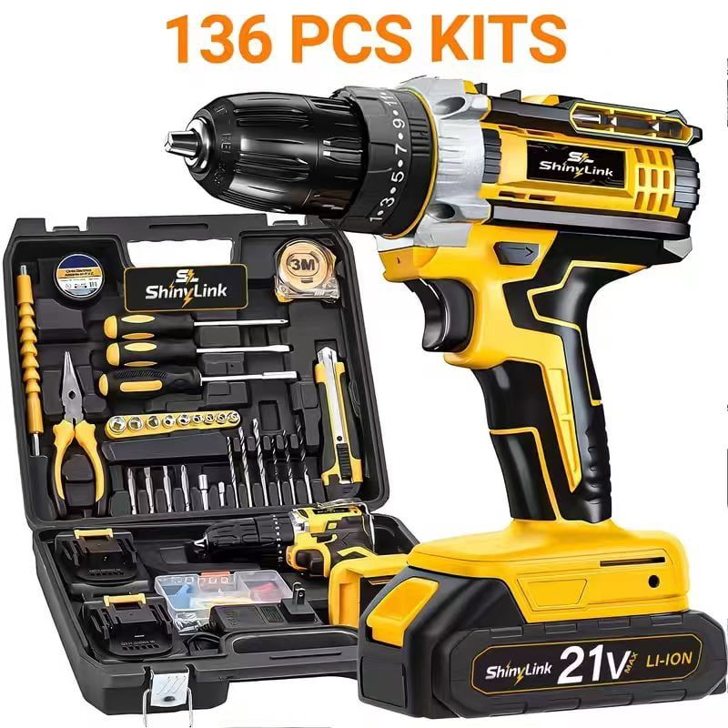 Shinylink 21V Cordless Brushless Drill Set 2 Batteries Yellow