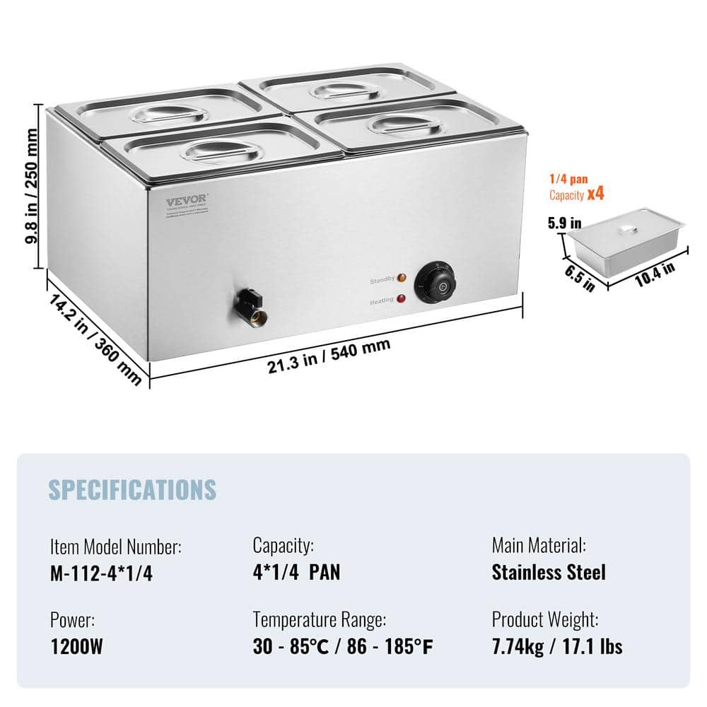 VEVOR 4-Pan Commercial Food Warmer 15.9 Qt Electric Steam Table 1200W