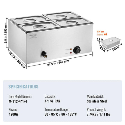 VEVOR 4-Pan Commercial Food Warmer 15.9 Qt Electric Steam Table 1200W